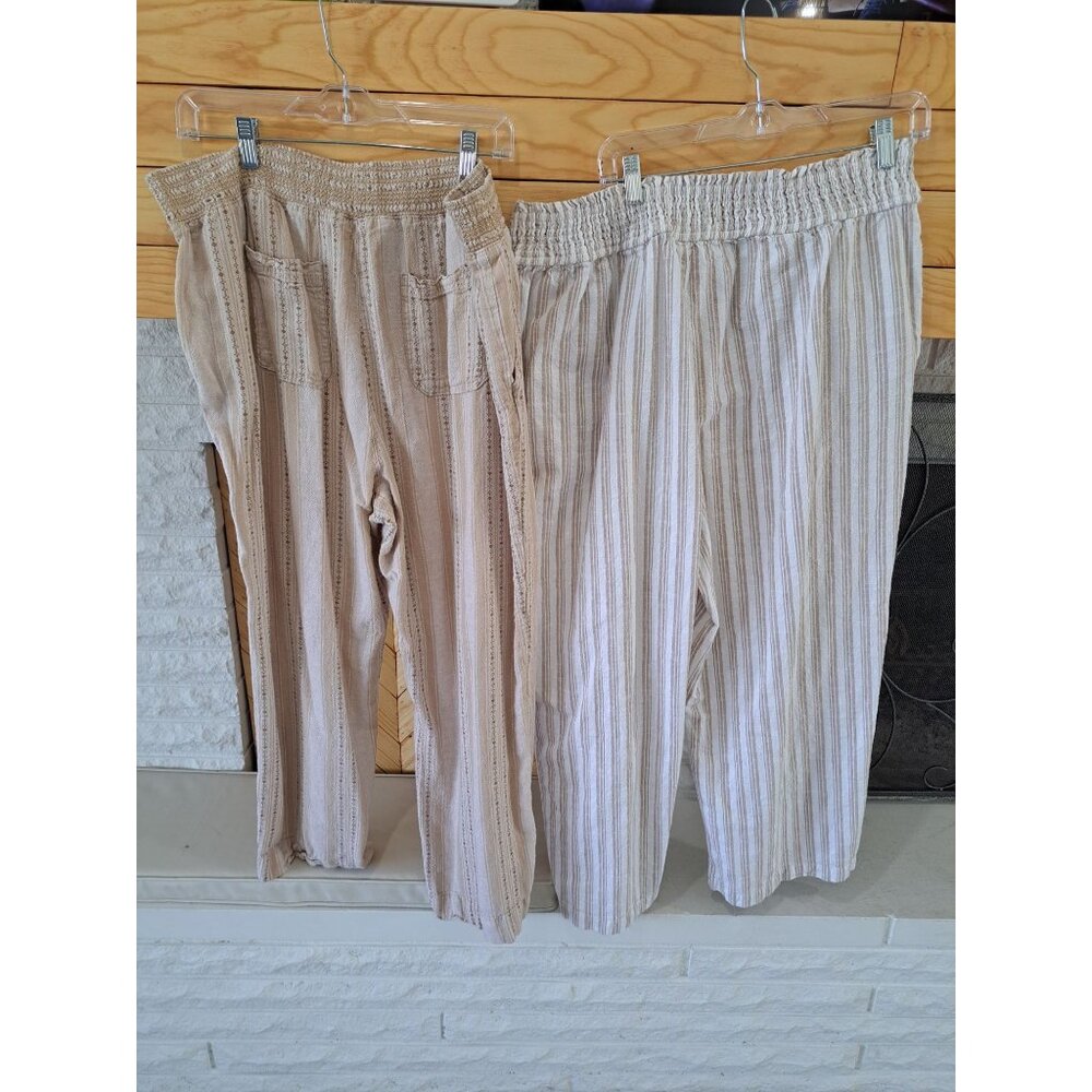 Lot of 2 Linen Blend XXl Striped Beige Elastic Waist Pants Women's Summer - Picture 6 of 15